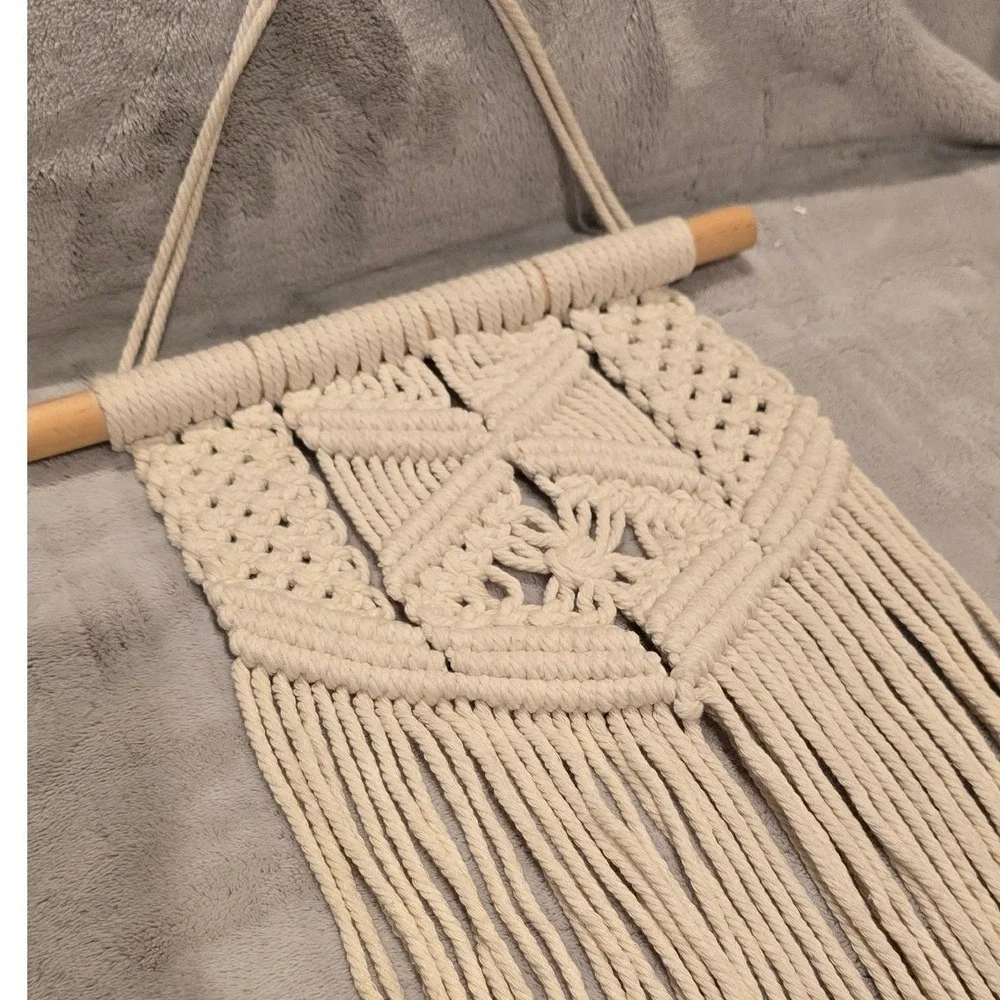 Boho Macrame Wall Hanging Cream Cotton Woven Fiber Art Geometric Fringe Decor
